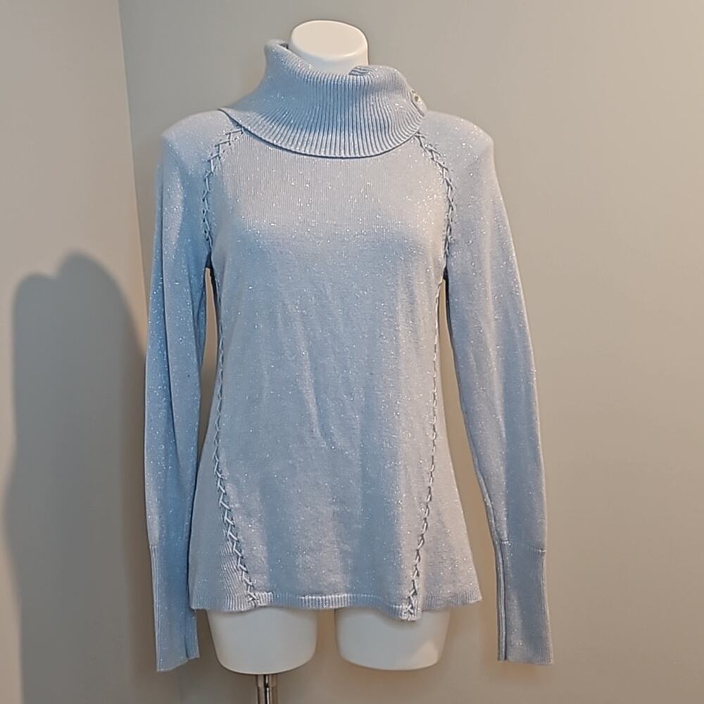 White House Black Market Light Blue Sparkly Snap Collar Sweater Women’s Size M